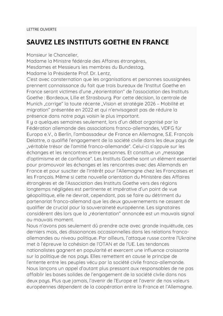 Pétition contre la fermeture de 3 instituts Goethe en France
